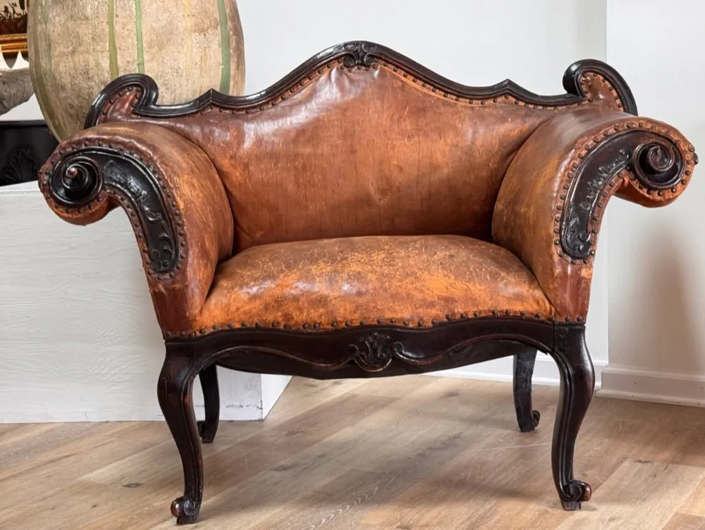 Leather Banquette, Chair / Settee Italian 18th Century Lombardi