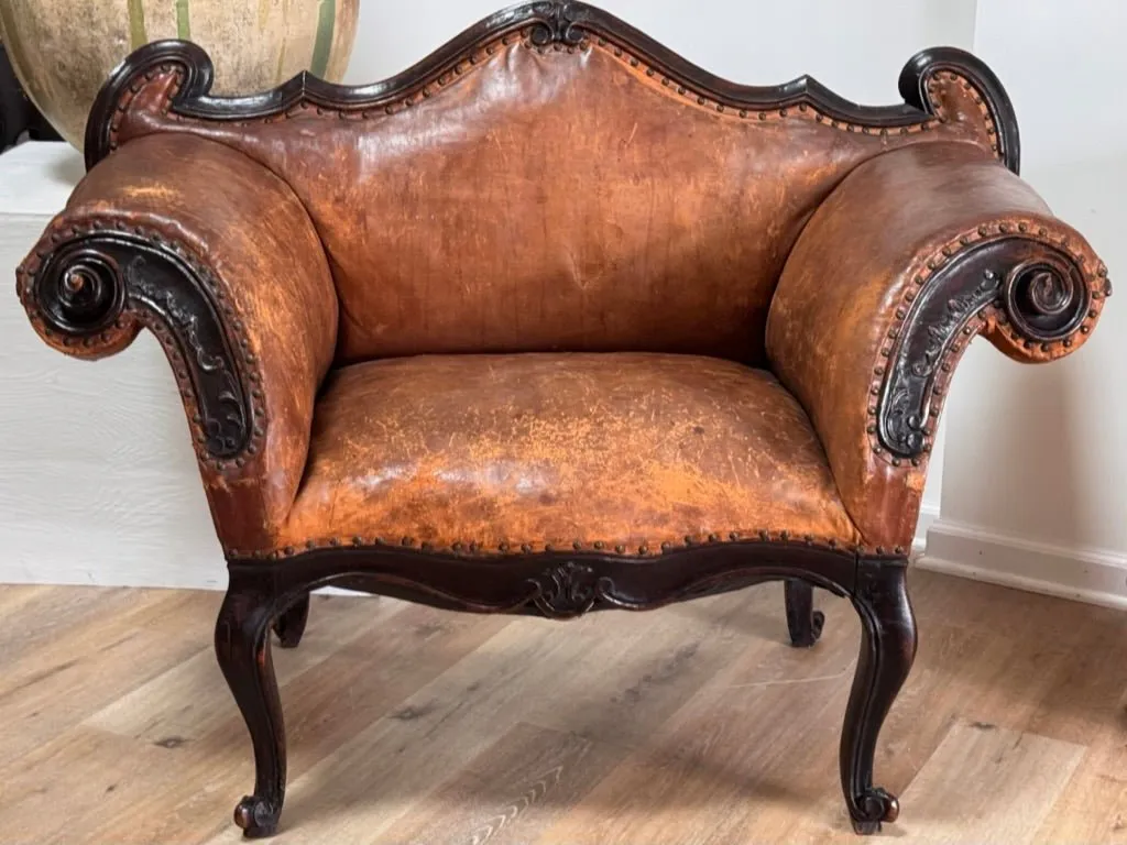 Leather Banquette, Chair / Settee Italian 18th Century Lombardi