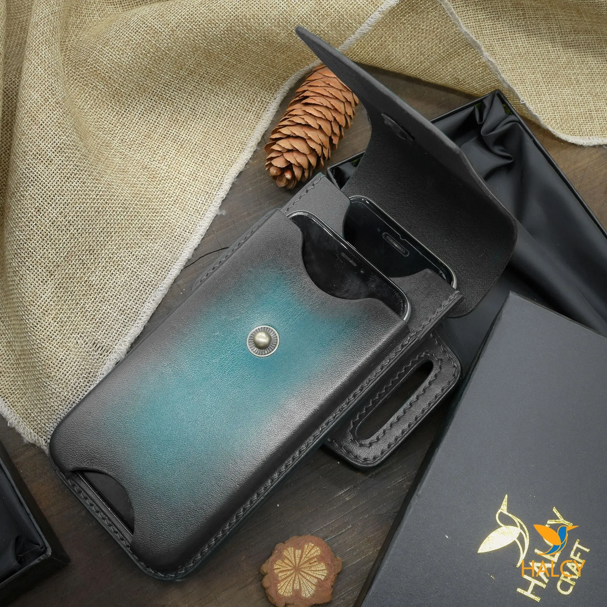 Leather Dual Phone Case, Leather Double iPhone Case, Case Holds Two Phones, Slanted 2 Phone Holster, Leather Two phone case with belt loops