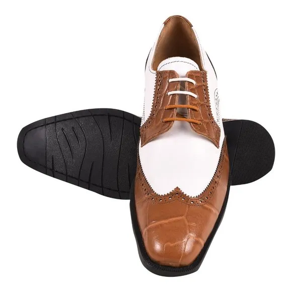 LIBERTYZENO Mens White/Tan Genuine Leather Croco/Suede Printed Oxford D…