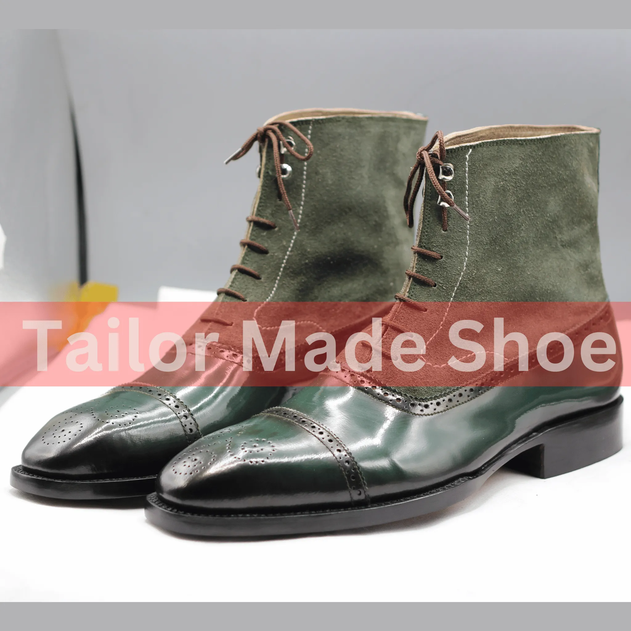 Luxury Two-Tone Green Leather Boots for Men - Suede and Gloss Finish Handmade Green Leather & Suede Boots - Perfect for Formal & Casual Wear