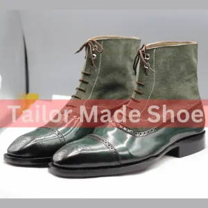 Luxury Two-Tone Green Leather Boots for Men - Suede and Gloss Finish Handmade Green Leather & Suede Boots - Perfect for Formal & Casual Wear