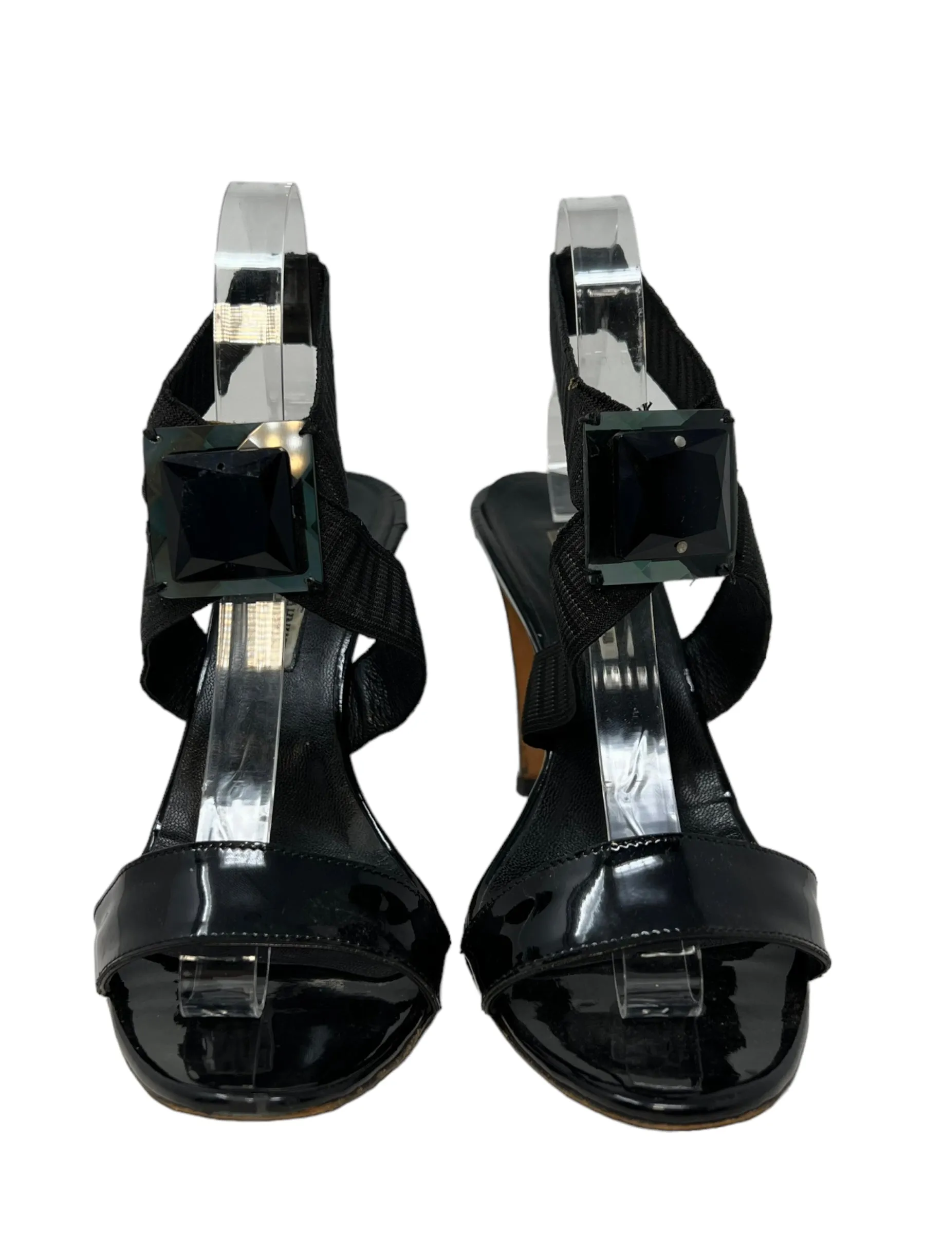 Manolo Blahnik Black Bandage Leather Heel with Acrylic Gem, 41 EU