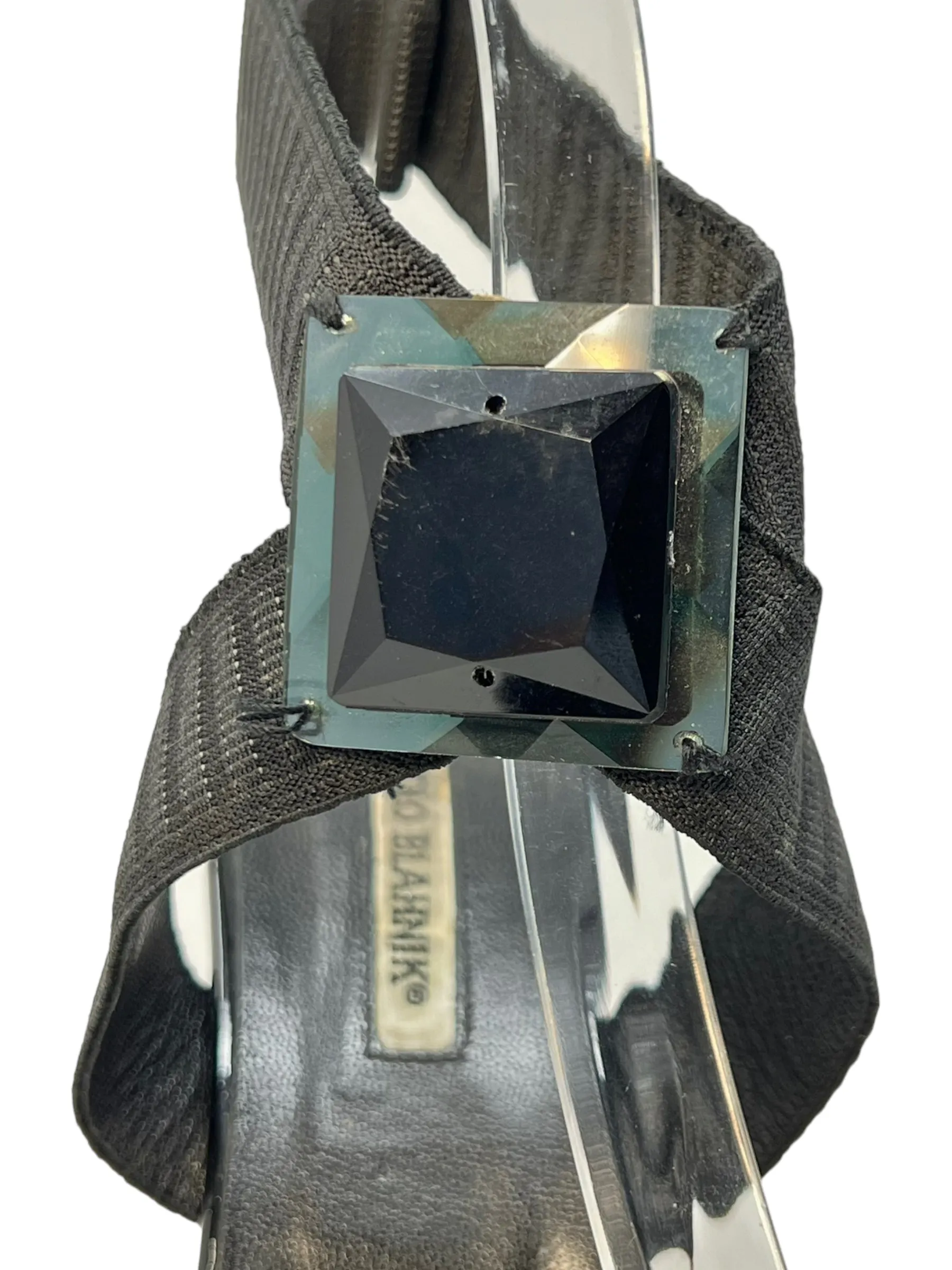 Manolo Blahnik Black Bandage Leather Heel with Acrylic Gem, 41 EU