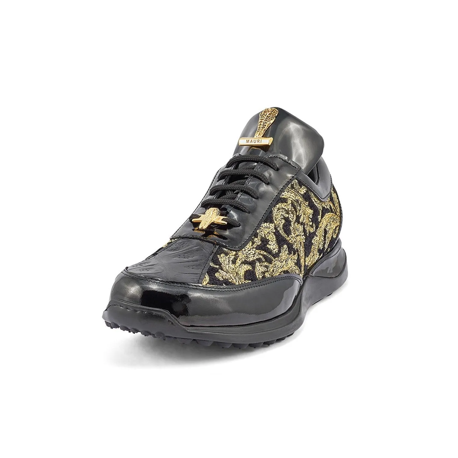 Mauri Blunt in Black & Gold Mens Exotic Crocodile / Didier Fabric / Patent Leather Casual Sneakers