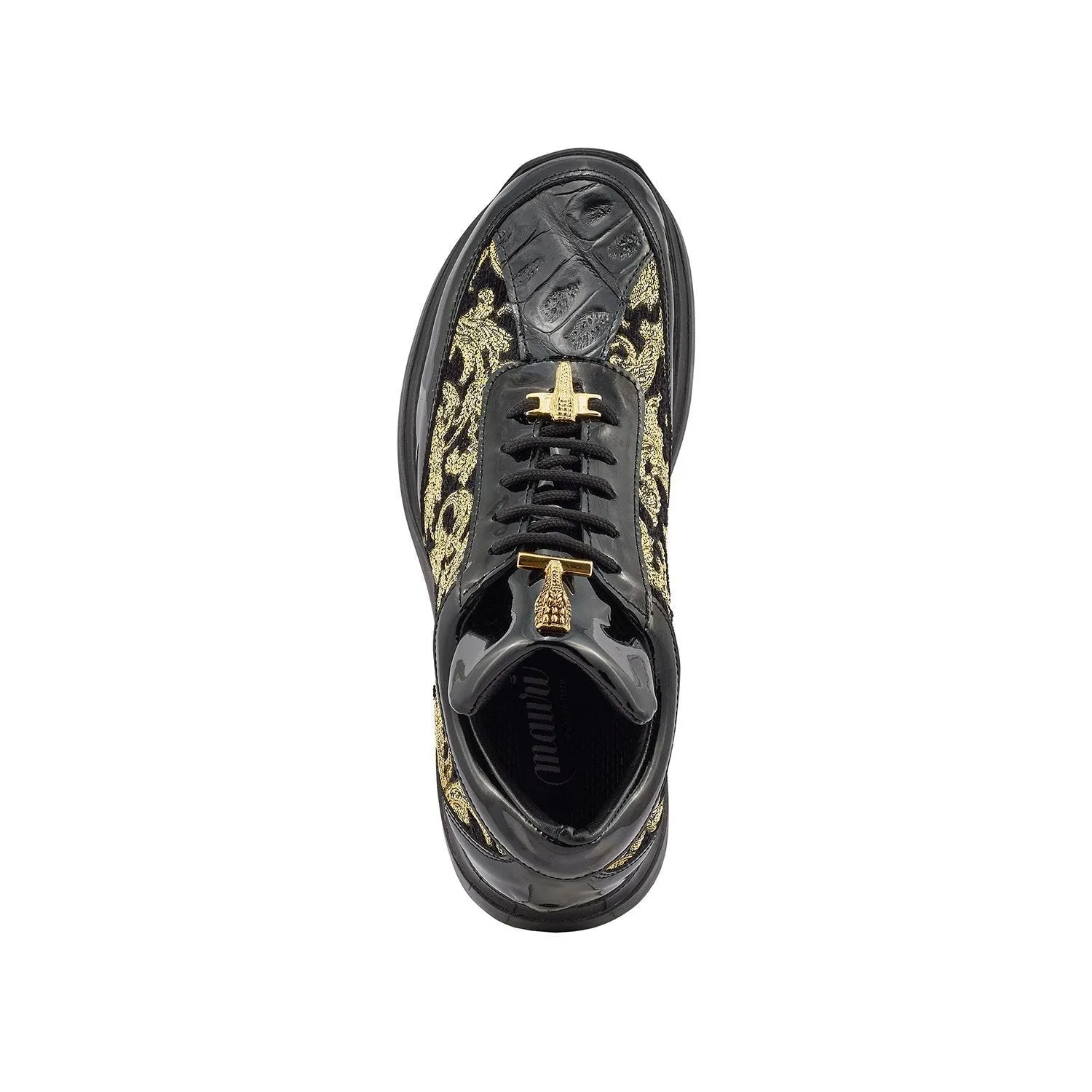Mauri Blunt in Black & Gold Mens Exotic Crocodile / Didier Fabric / Patent Leather Casual Sneakers