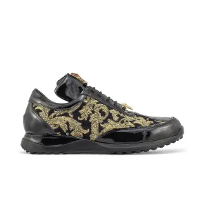 Mauri Blunt in Black & Gold Mens Exotic Crocodile / Didier Fabric / Patent Leather Casual Sneakers