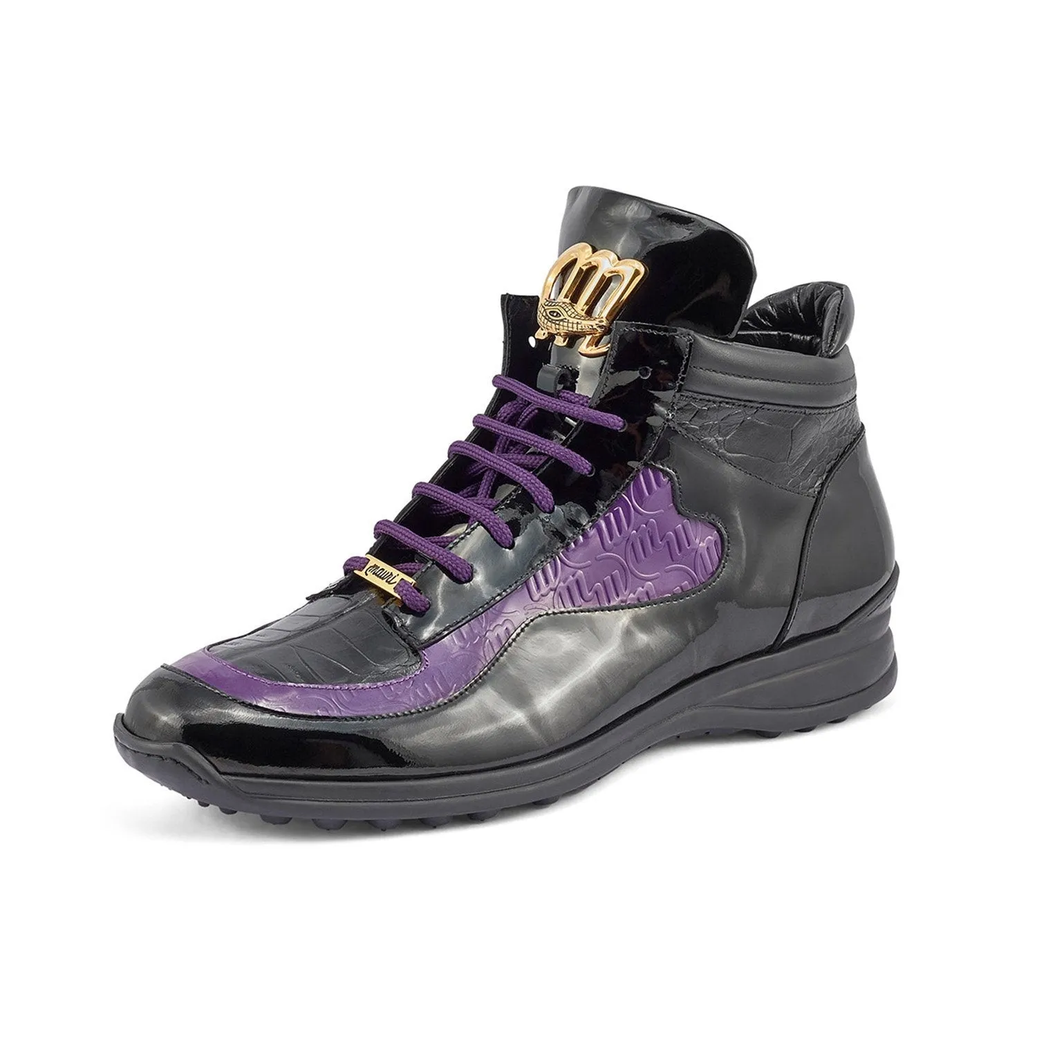 Mauri Hype in Black / Purple Mens Exotic Crocodile / Ostrich Leg / Patent Leather High-Top Sneakers