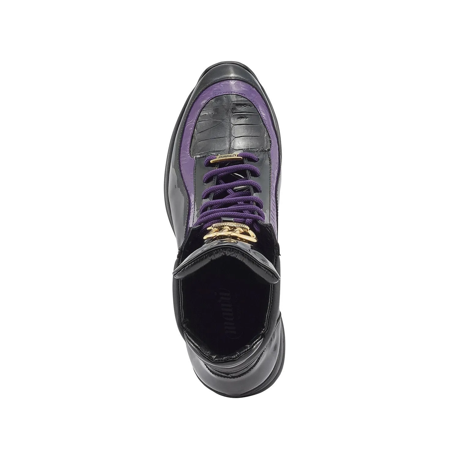 Mauri Hype in Black / Purple Mens Exotic Crocodile / Ostrich Leg / Patent Leather High-Top Sneakers