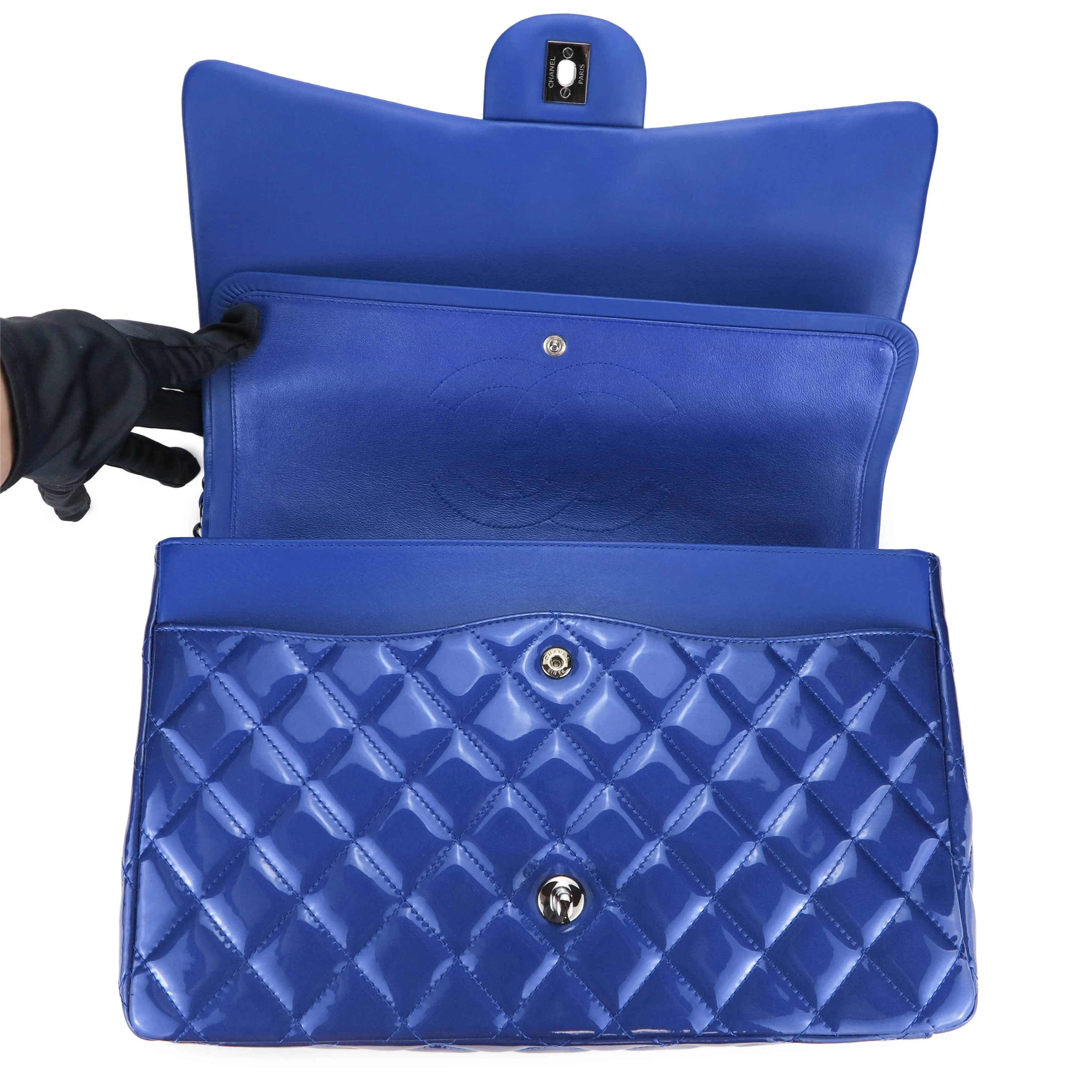 Maxi Jumbo Classic Double Flap Bag in Blue Patent Leather