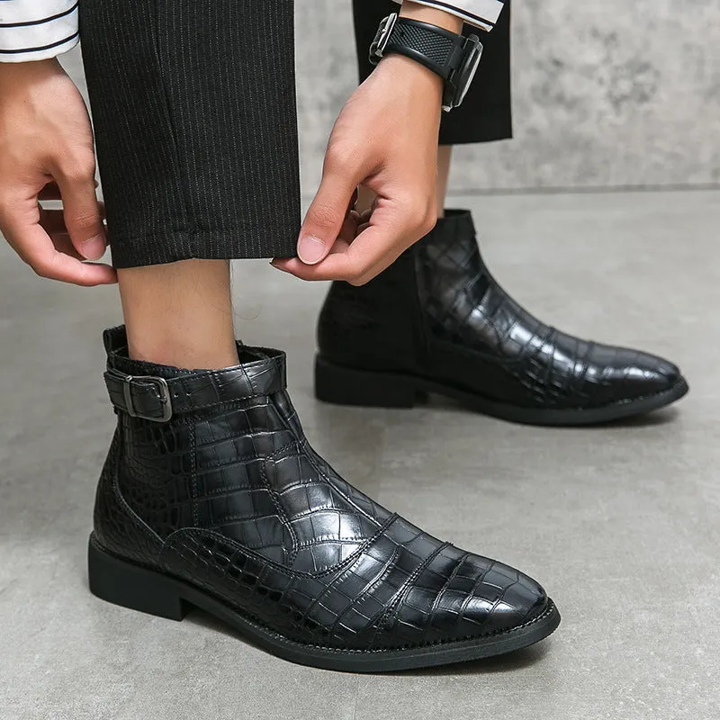 Men's Fashion Pointed Toe Low Square Heel Buckle Zipper Ankle Shoes, Business Formal Leather Boots