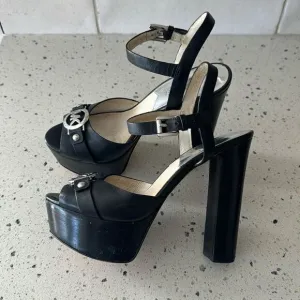 Michael Kors Racquel Platform Black Leather high Block Heels Open Toe Size 6.5M