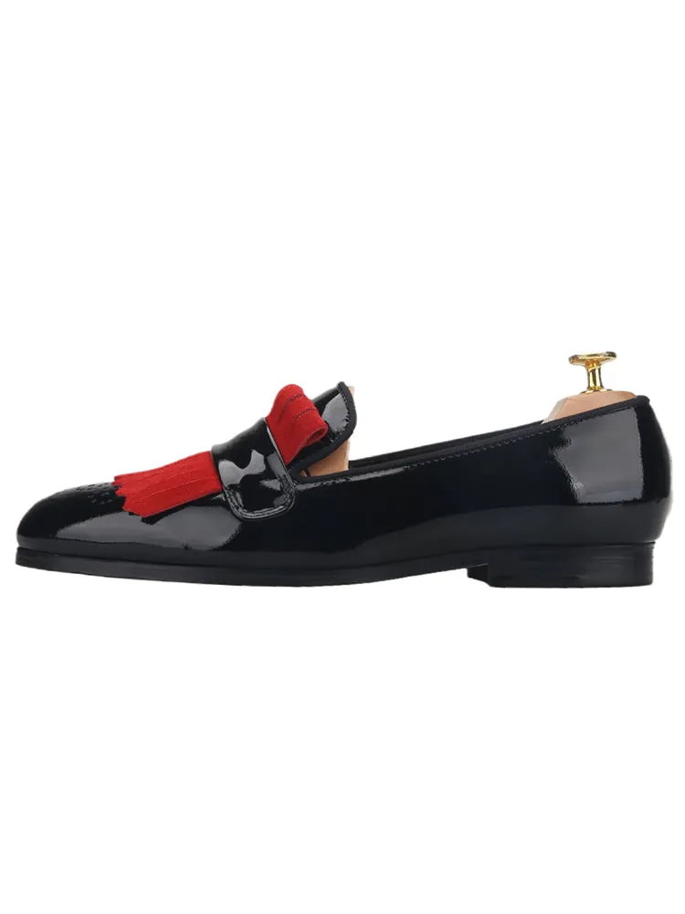 Mix and match first-layer cowhide patent leather and nubuck leather men's slip-on loafers British style formal smoking shoes