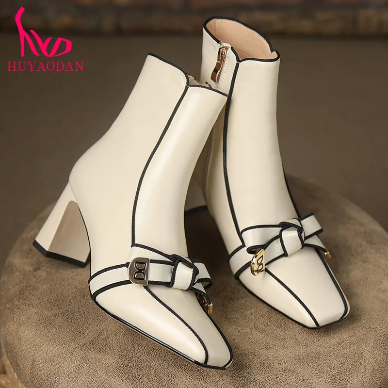 New Brand Genuine Leather Autumn Winter Warm Ankle Boots High Heels Square Toe Black Beige Butterfly-knot Dress Party Lady Shoes