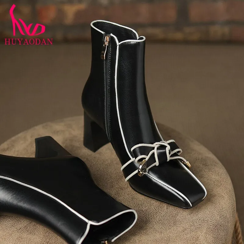 New Brand Genuine Leather Autumn Winter Warm Ankle Boots High Heels Square Toe Black Beige Butterfly-knot Dress Party Lady Shoes