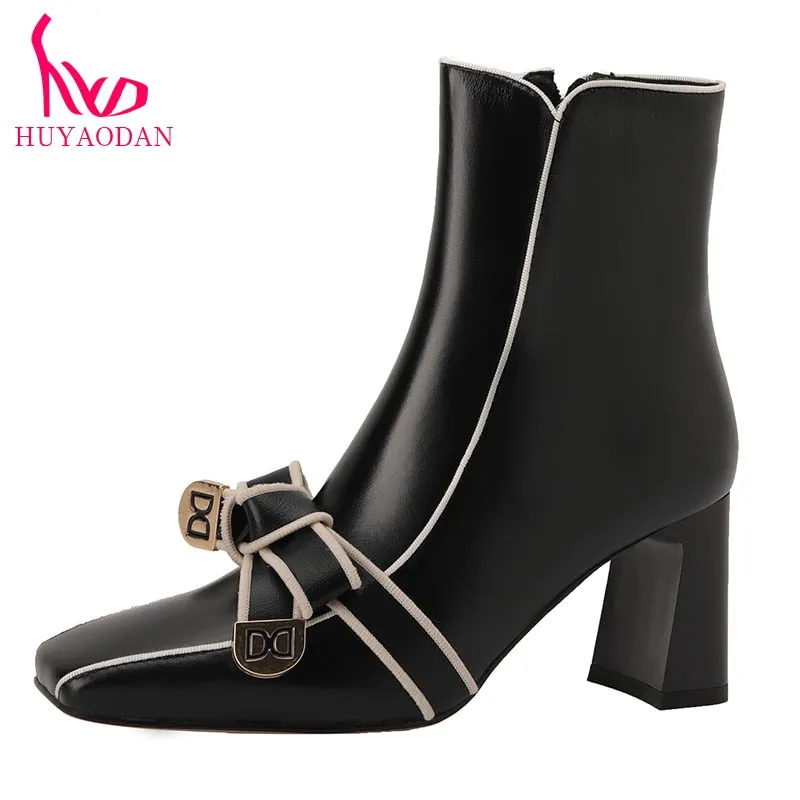 New Brand Genuine Leather Autumn Winter Warm Ankle Boots High Heels Square Toe Black Beige Butterfly-knot Dress Party Lady Shoes