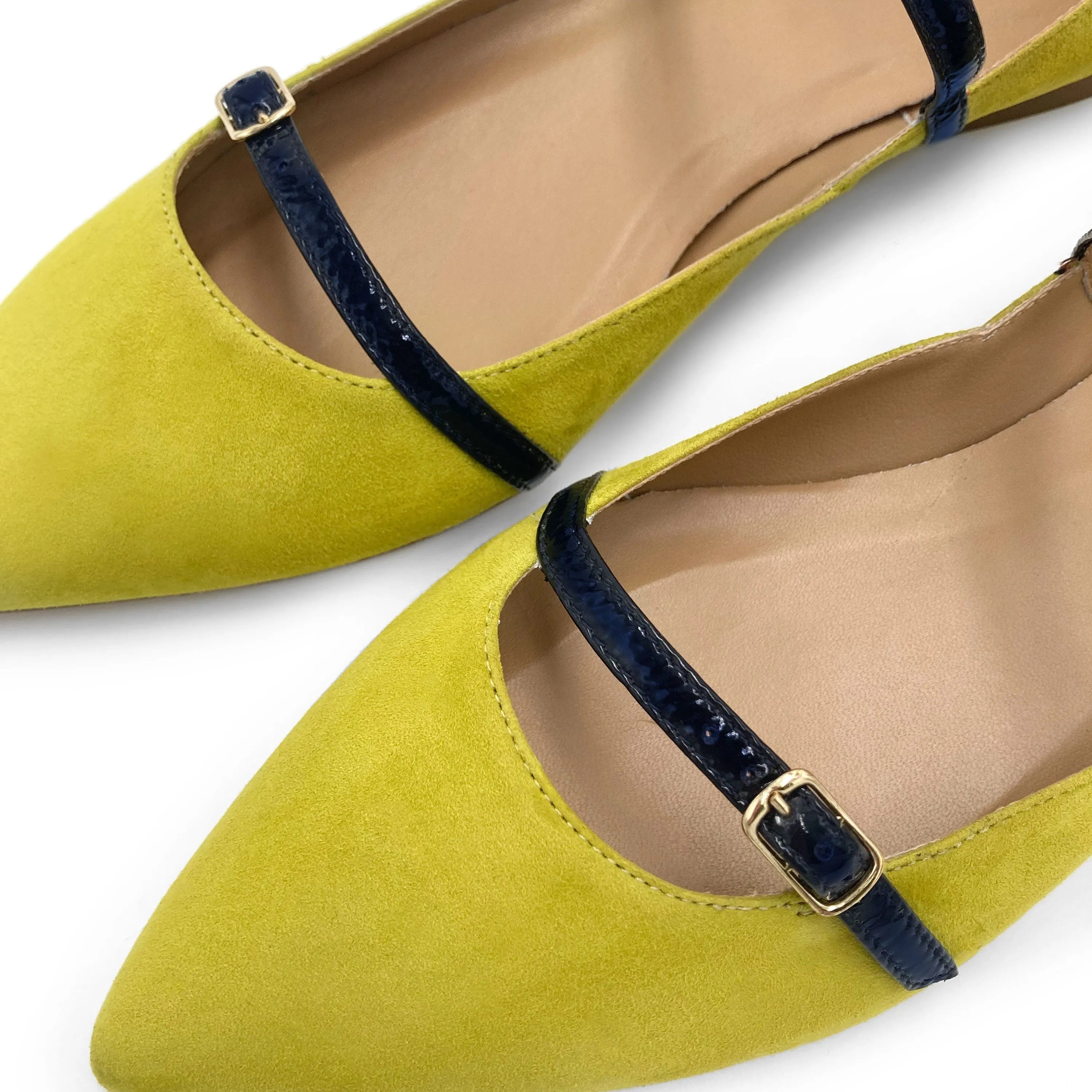 Olive Green Suede Ballet Flats with Blue Straps