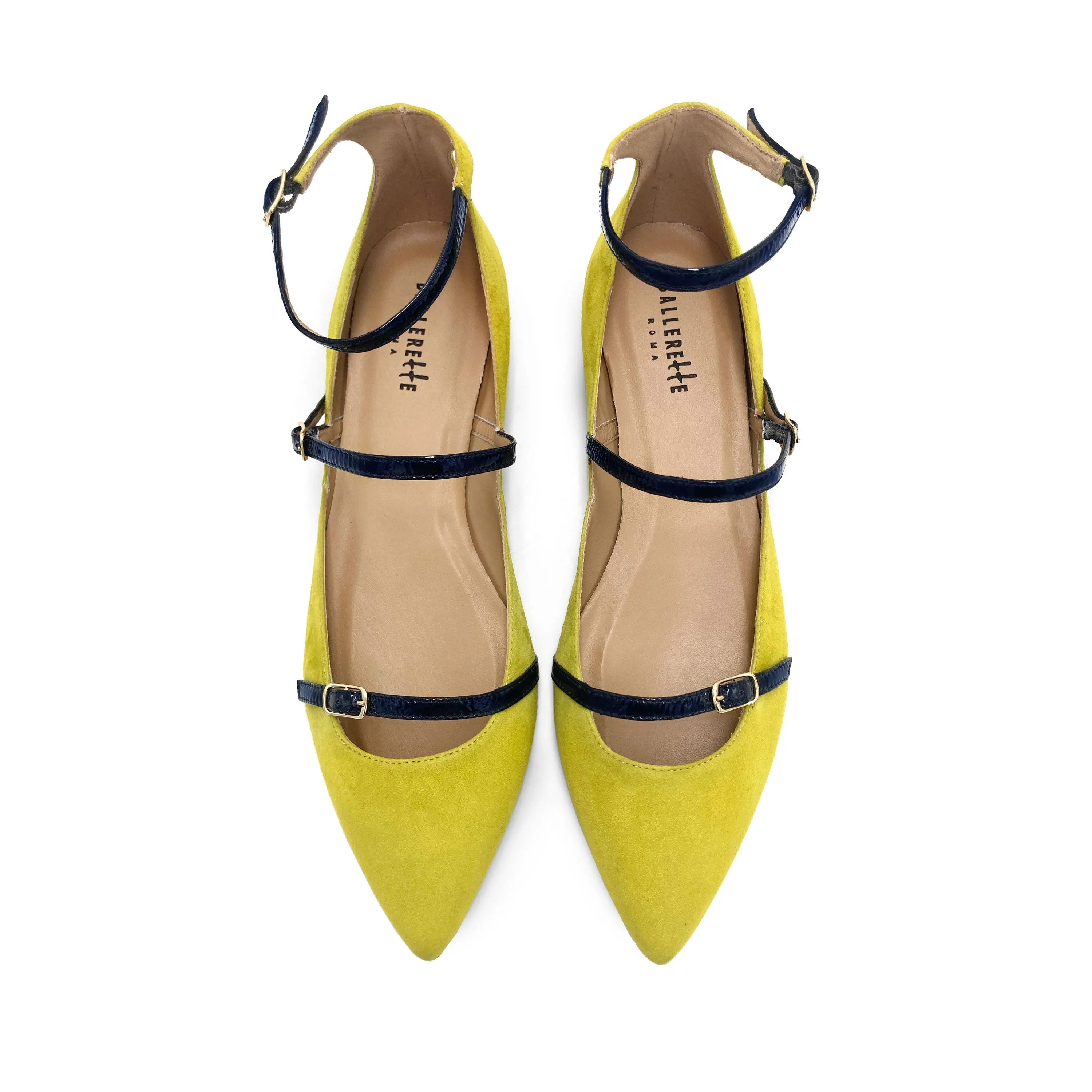 Olive Green Suede Ballet Flats with Blue Straps