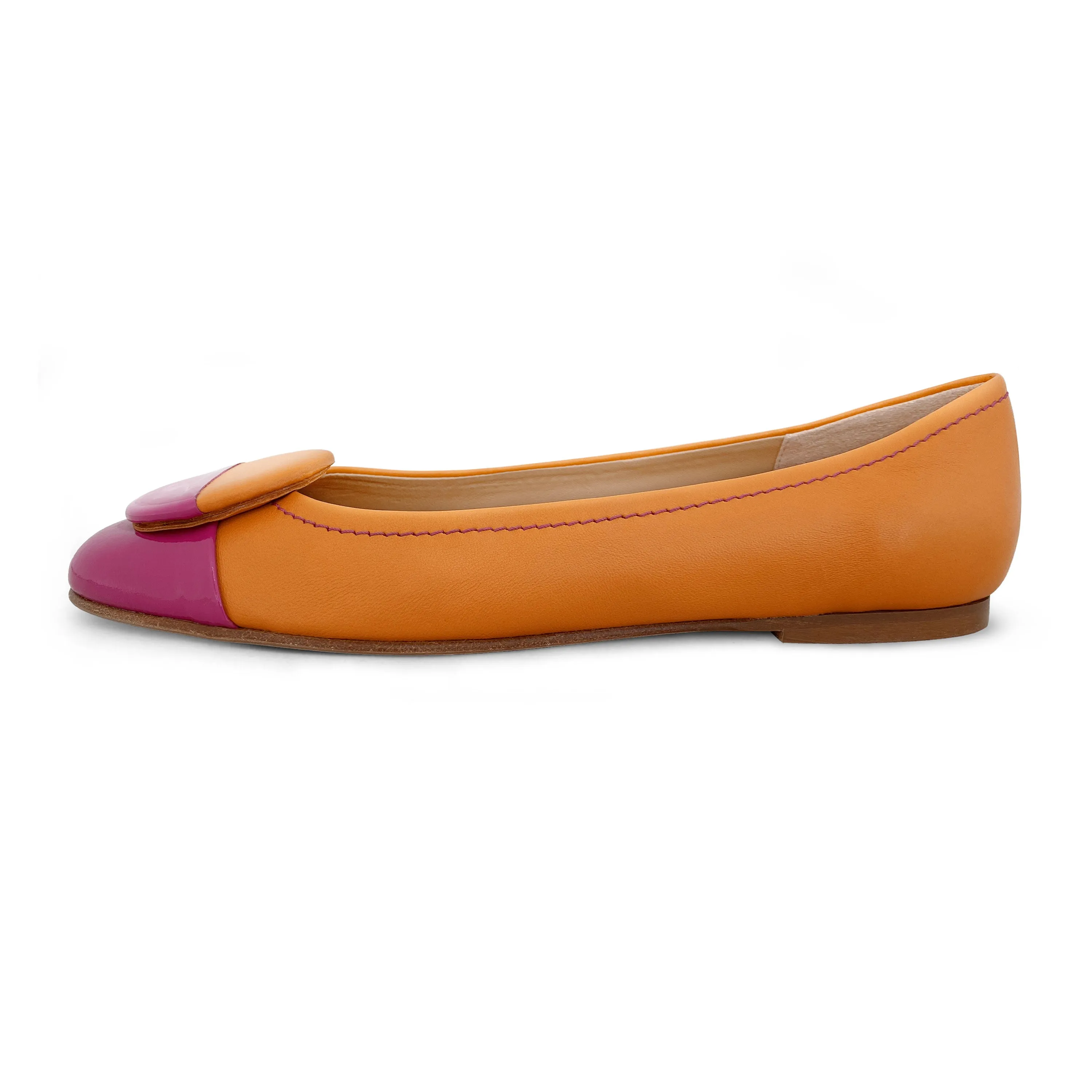 Orange leather ballet flats with fuchsia patent leather toe and stud
