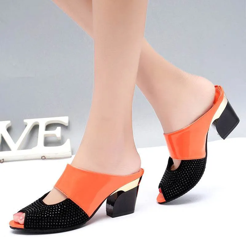 Patent leather rhinestone block heel sandals