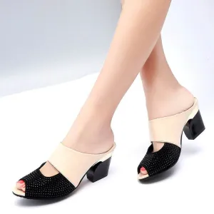 Patent leather rhinestone block heel sandals