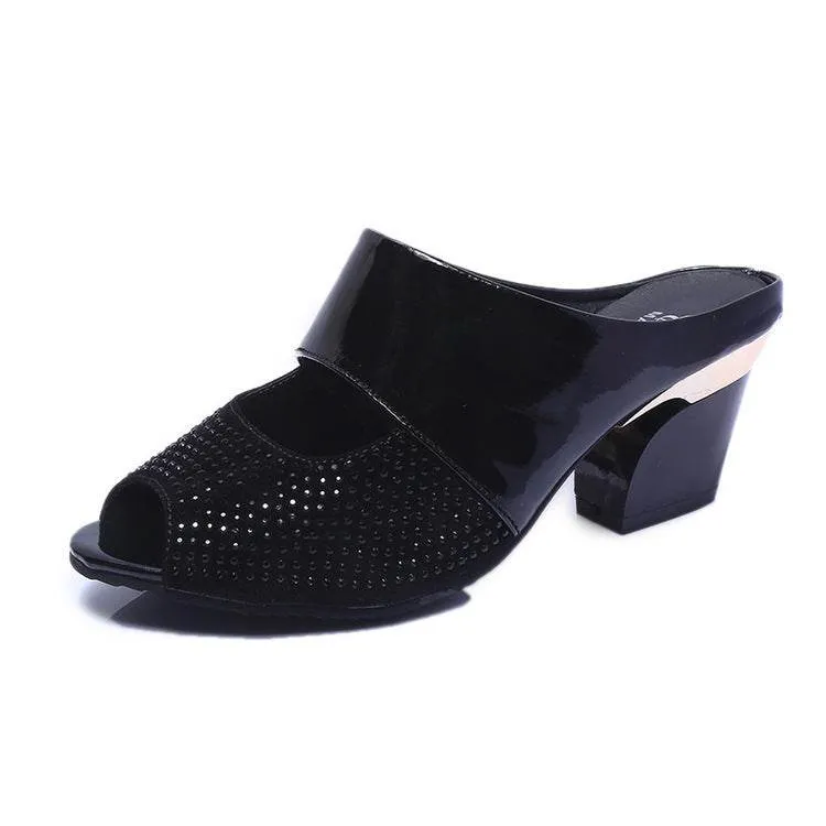 Patent leather rhinestone block heel sandals
