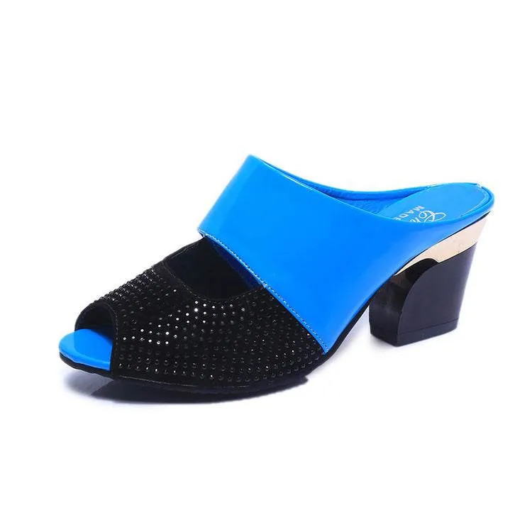 Patent leather rhinestone block heel sandals