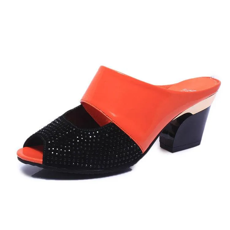 Patent leather rhinestone block heel sandals