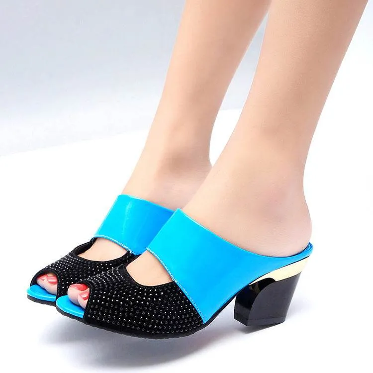 Patent leather rhinestone block heel sandals