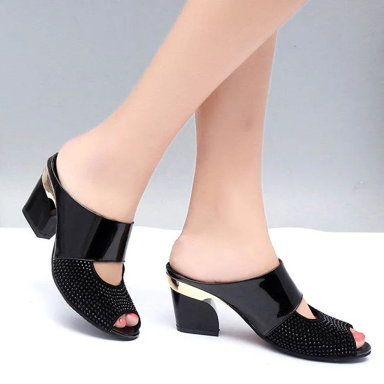 Patent leather rhinestone block heel sandals