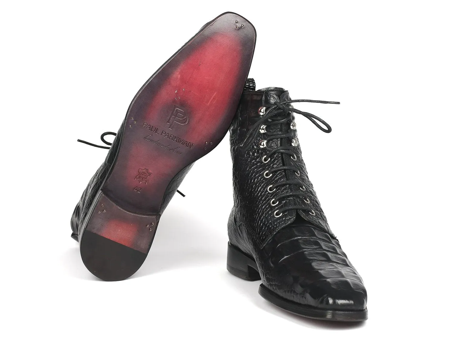 Paul Parkman Men's Croco-Embossed Leather Lace-Up Boots in Black
