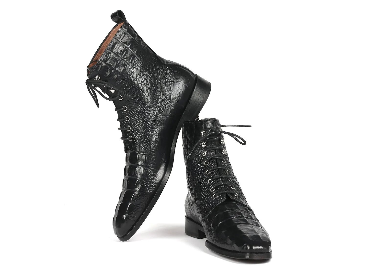 Paul Parkman Men's Croco-Embossed Leather Lace-Up Boots in Black