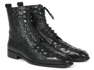 Paul Parkman Men's Croco-Embossed Leather Lace-Up Boots in Black