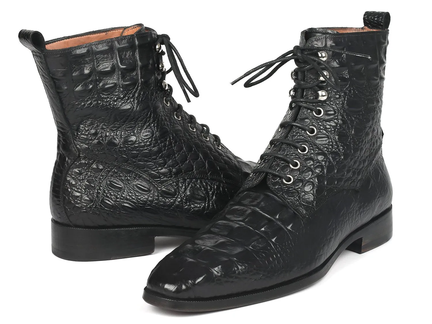 Paul Parkman Men's Croco-Embossed Leather Lace-Up Boots in Black