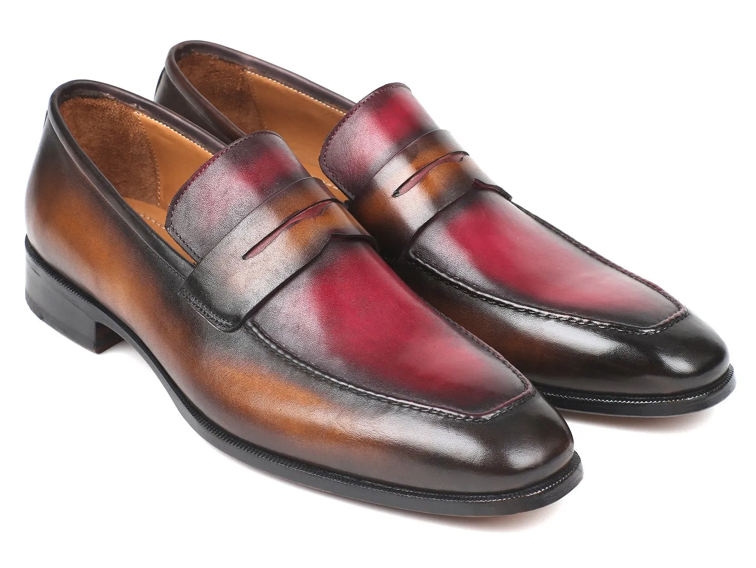Paul Parkman Men's Hand-Painted Leather Loafers in Brown & Bordeaux
