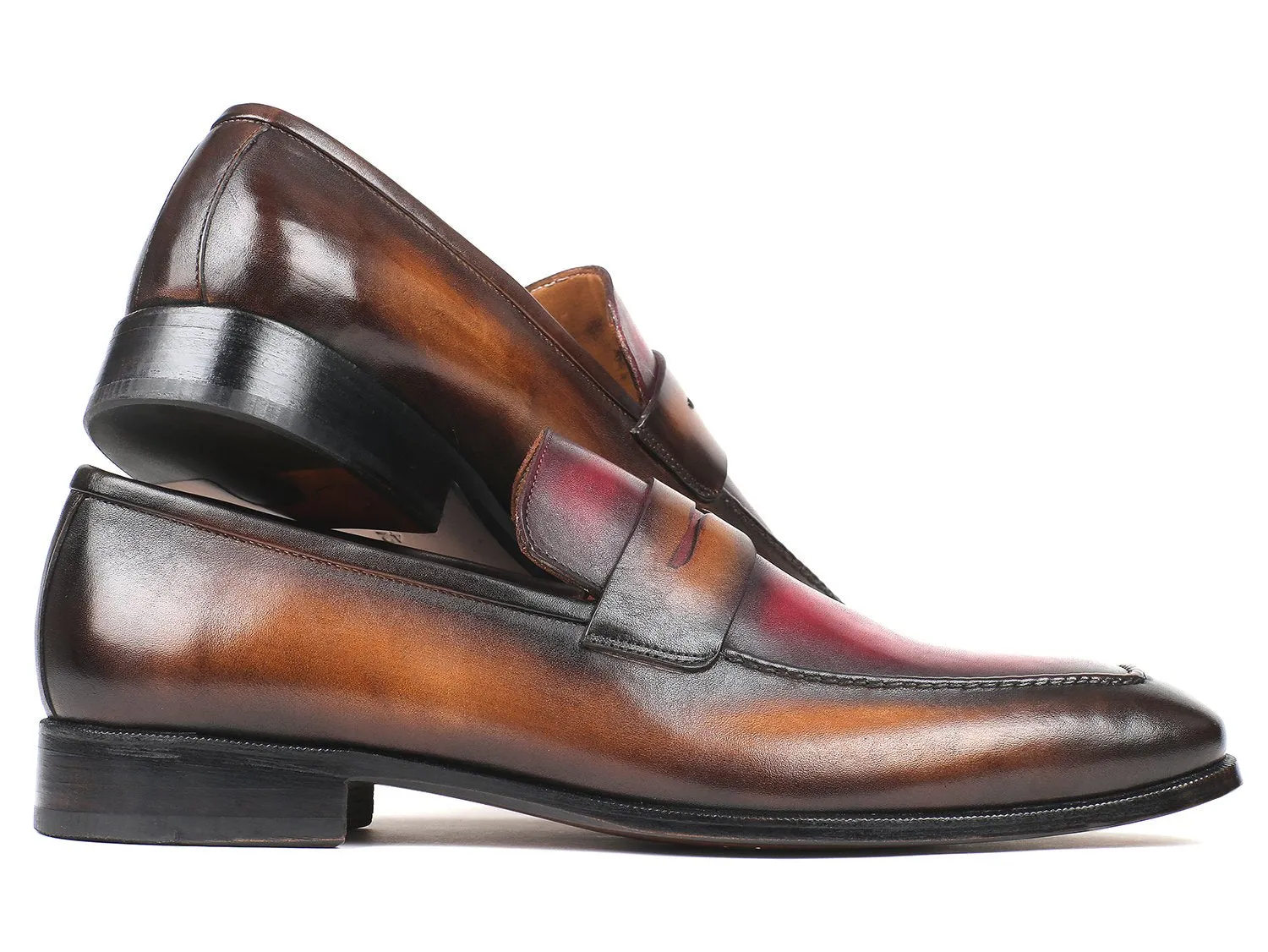 Paul Parkman Men's Hand-Painted Leather Loafers in Brown & Bordeaux