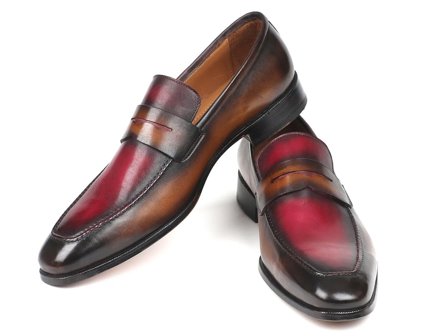 Paul Parkman Men's Hand-Painted Leather Loafers in Brown & Bordeaux