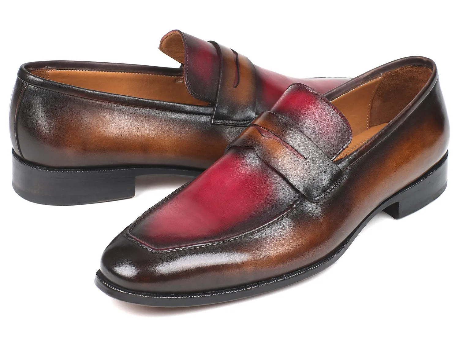 Paul Parkman Men's Hand-Painted Leather Loafers in Brown & Bordeaux