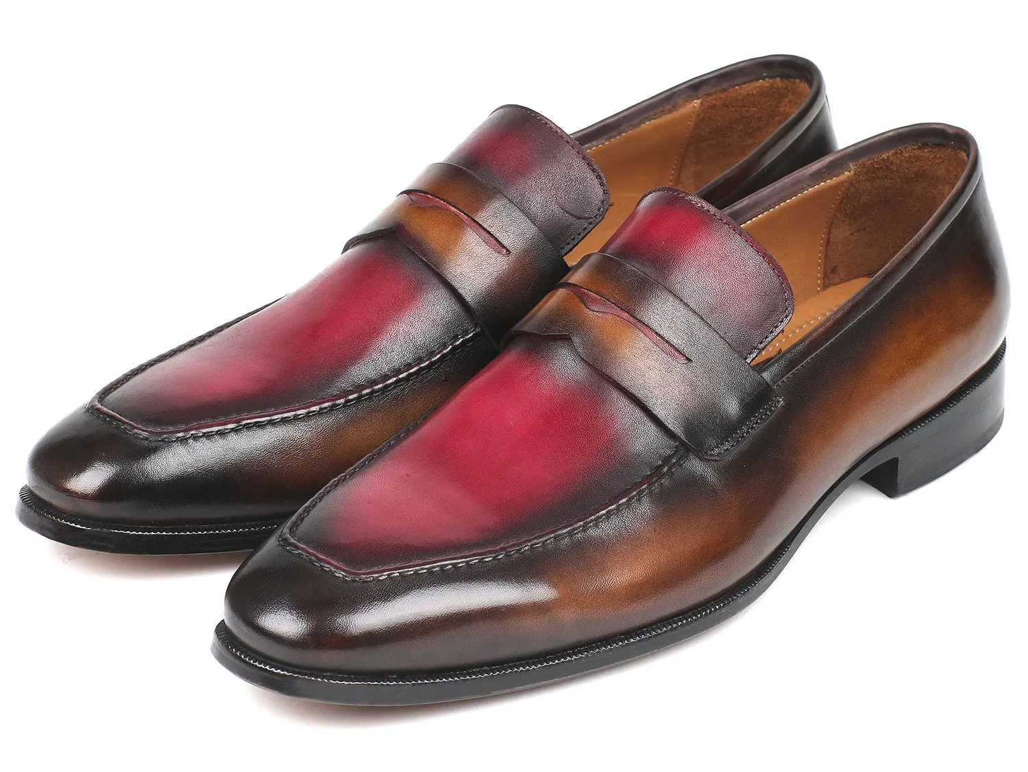 Paul Parkman Men's Hand-Painted Leather Loafers in Brown & Bordeaux
