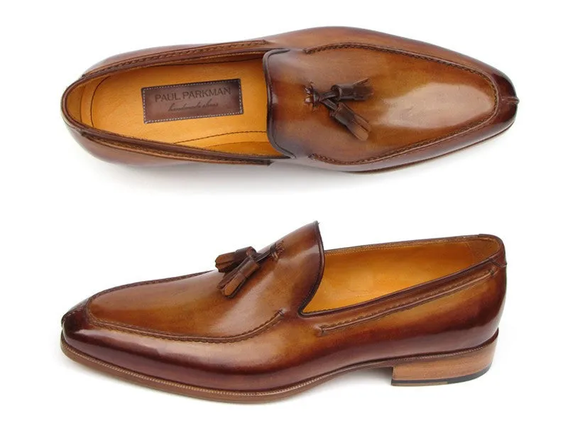 Paul Parkman Men's Hand-Painted Leather Tassel Loafers in Camel & Brown