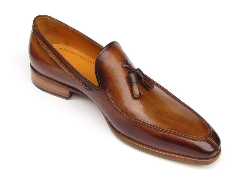 Paul Parkman Men's Hand-Painted Leather Tassel Loafers in Camel & Brown