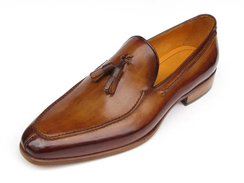 Paul Parkman Men's Hand-Painted Leather Tassel Loafers in Camel & Brown