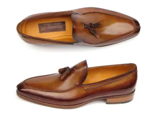 Paul Parkman Men's Hand-Painted Leather Tassel Loafers in Camel & Brown