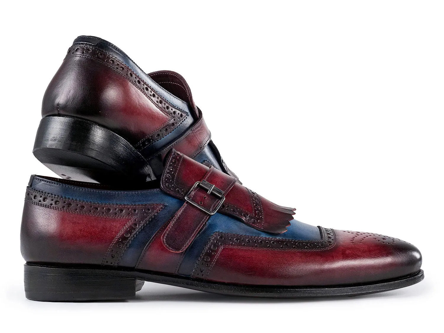 Paul Parkman Men's Kiltie Monkstrap Leather Shoes in Blue & Burgundy