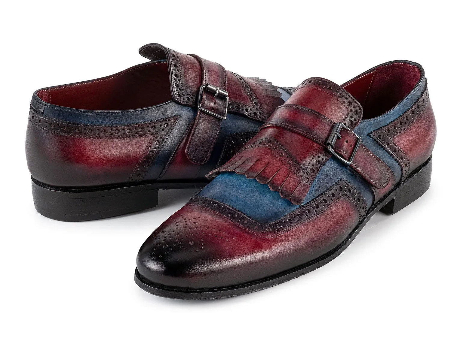 Paul Parkman Men's Kiltie Monkstrap Leather Shoes in Blue & Burgundy