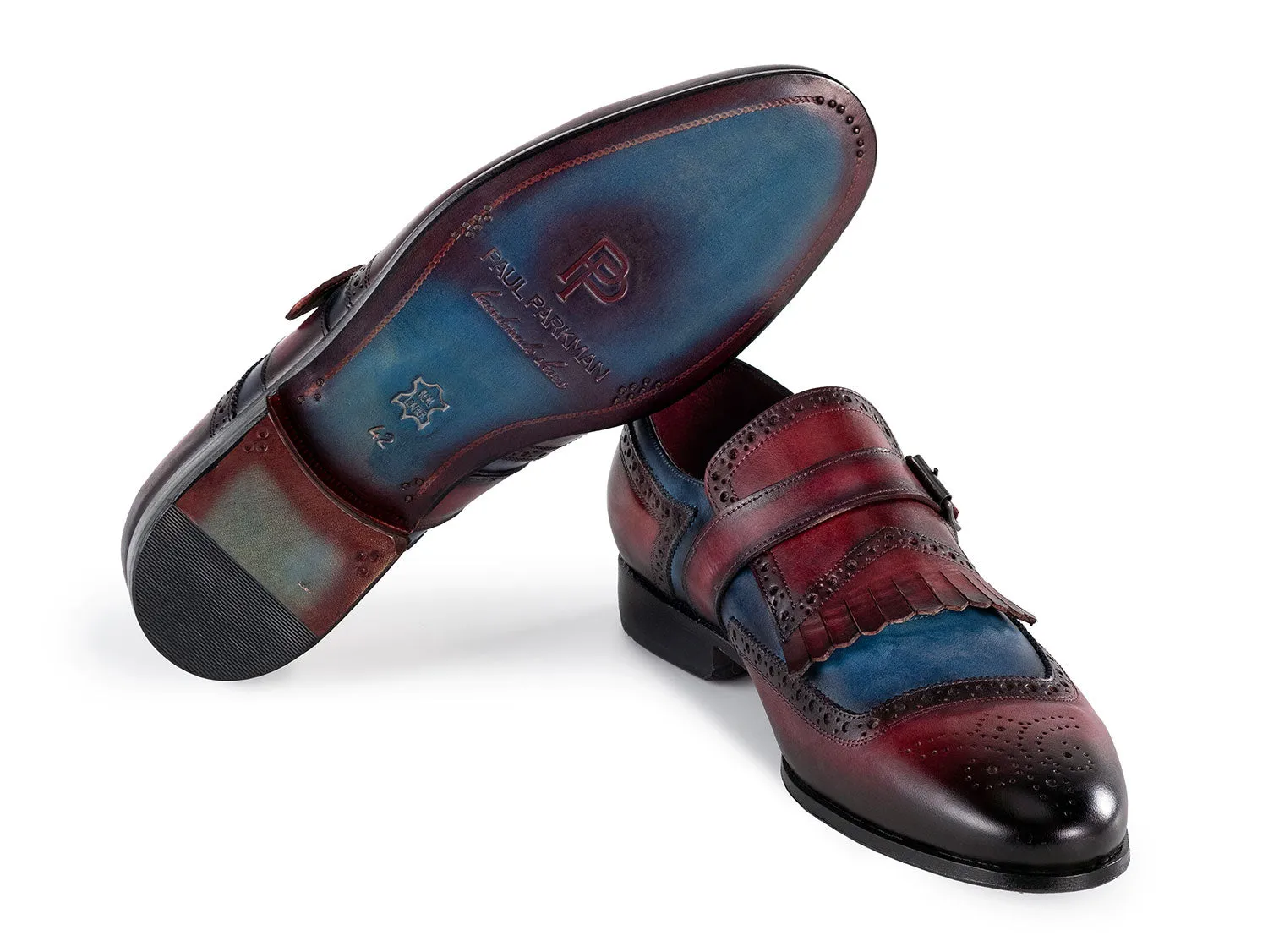 Paul Parkman Men's Kiltie Monkstrap Leather Shoes in Blue & Burgundy