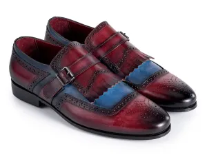 Paul Parkman Men's Kiltie Monkstrap Leather Shoes in Blue & Burgundy