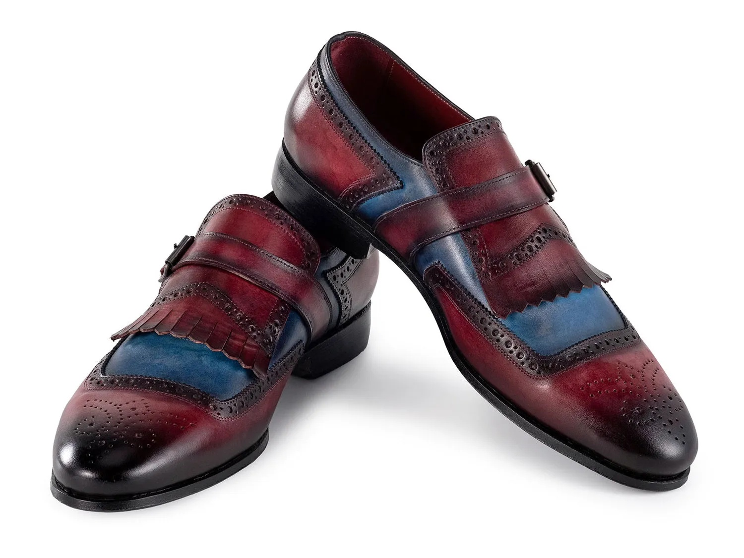 Paul Parkman Men's Kiltie Monkstrap Leather Shoes in Blue & Burgundy