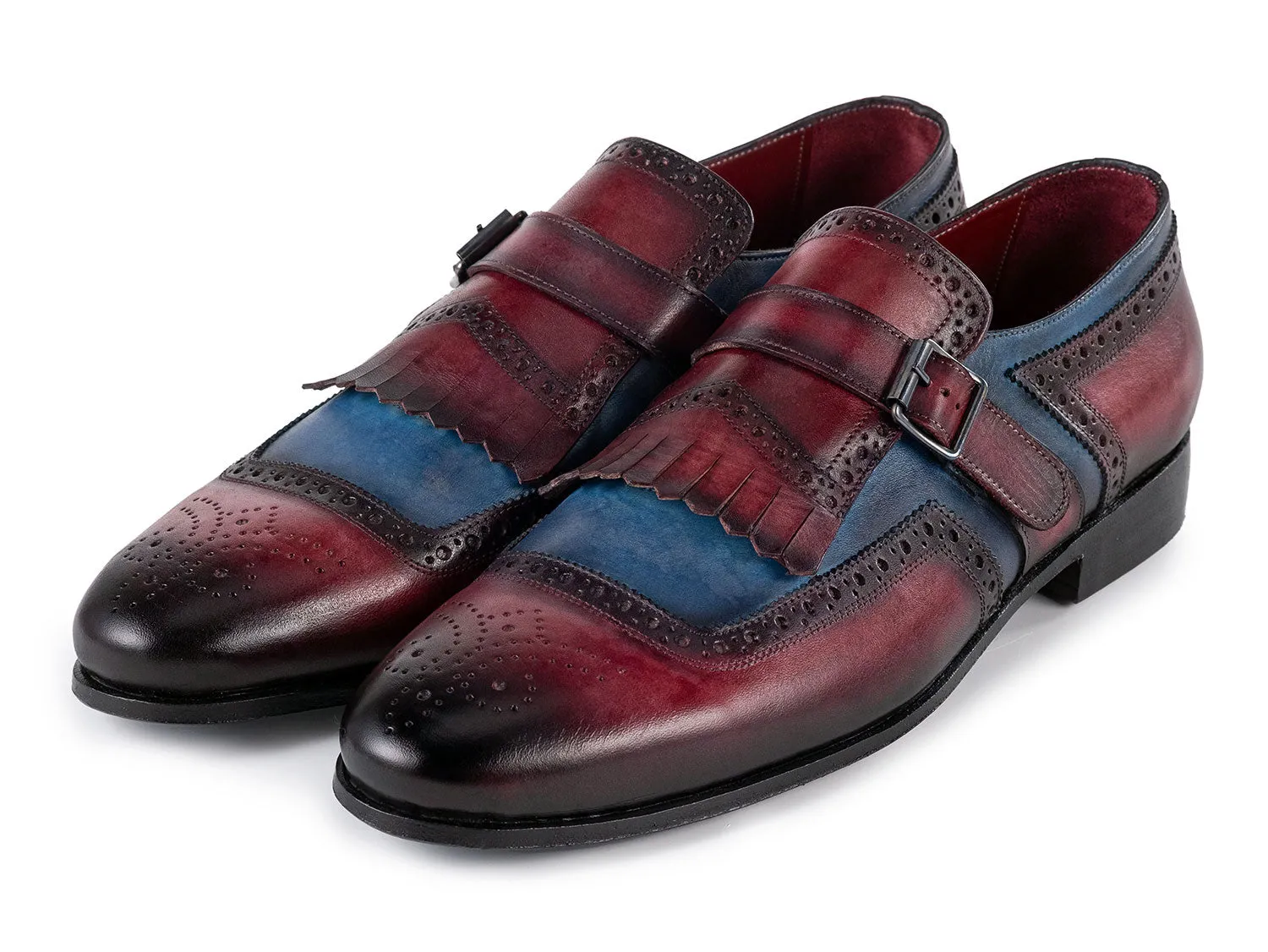 Paul Parkman Men's Kiltie Monkstrap Leather Shoes in Blue & Burgundy