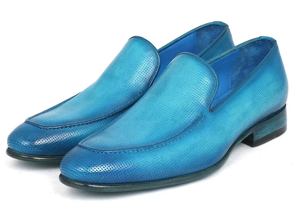 Paul Parkman Men's Perforated Leather Loafers in Turquoise